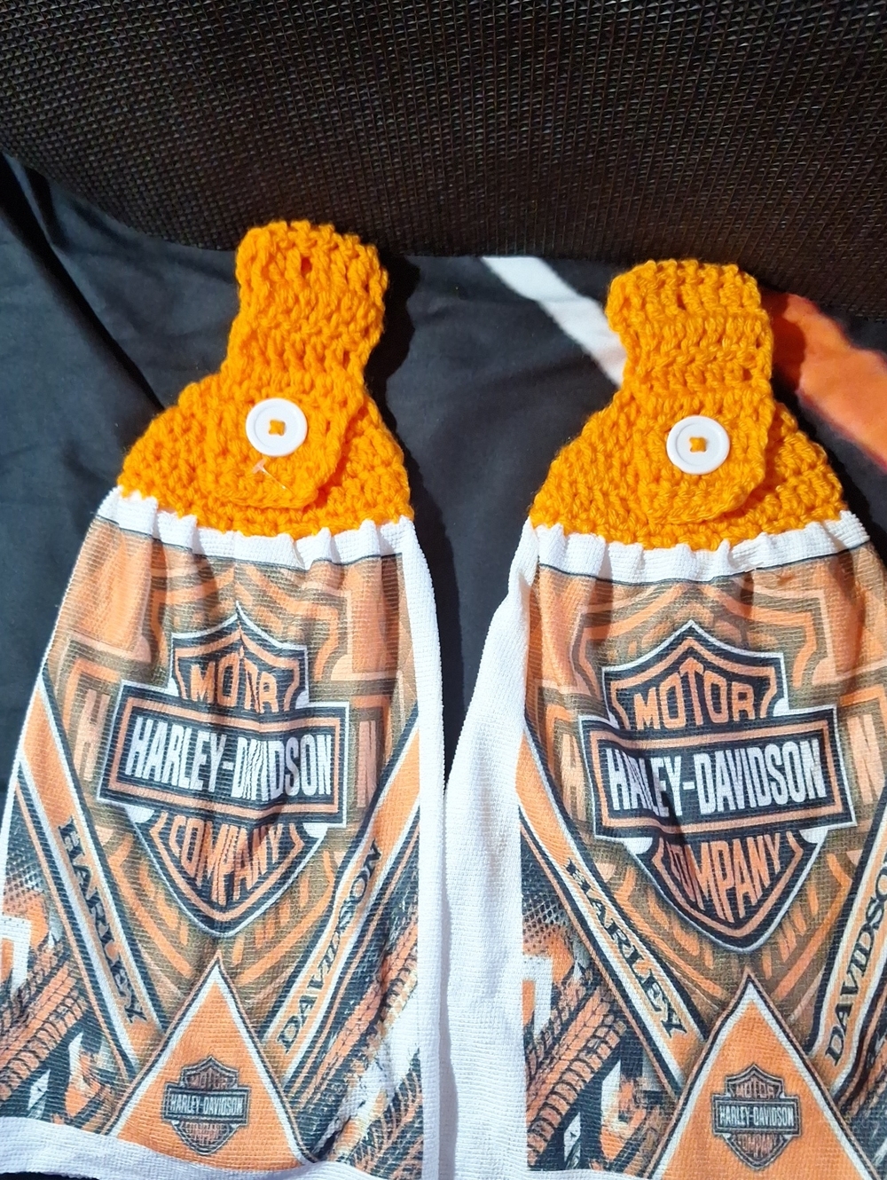 Artisan Made Harley-Davidson Themed Orange Black White Graphic KItchenTowel Pair